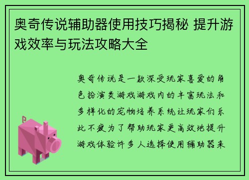 奥奇传说辅助器使用技巧揭秘 提升游戏效率与玩法攻略大全